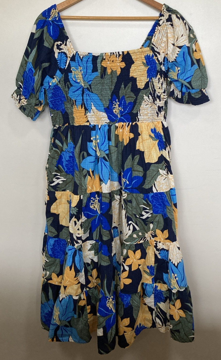 Land’s End Women’s Smocked Peasant Dress L/P 14-16 Blue Yellow Cotton Lined Vtg