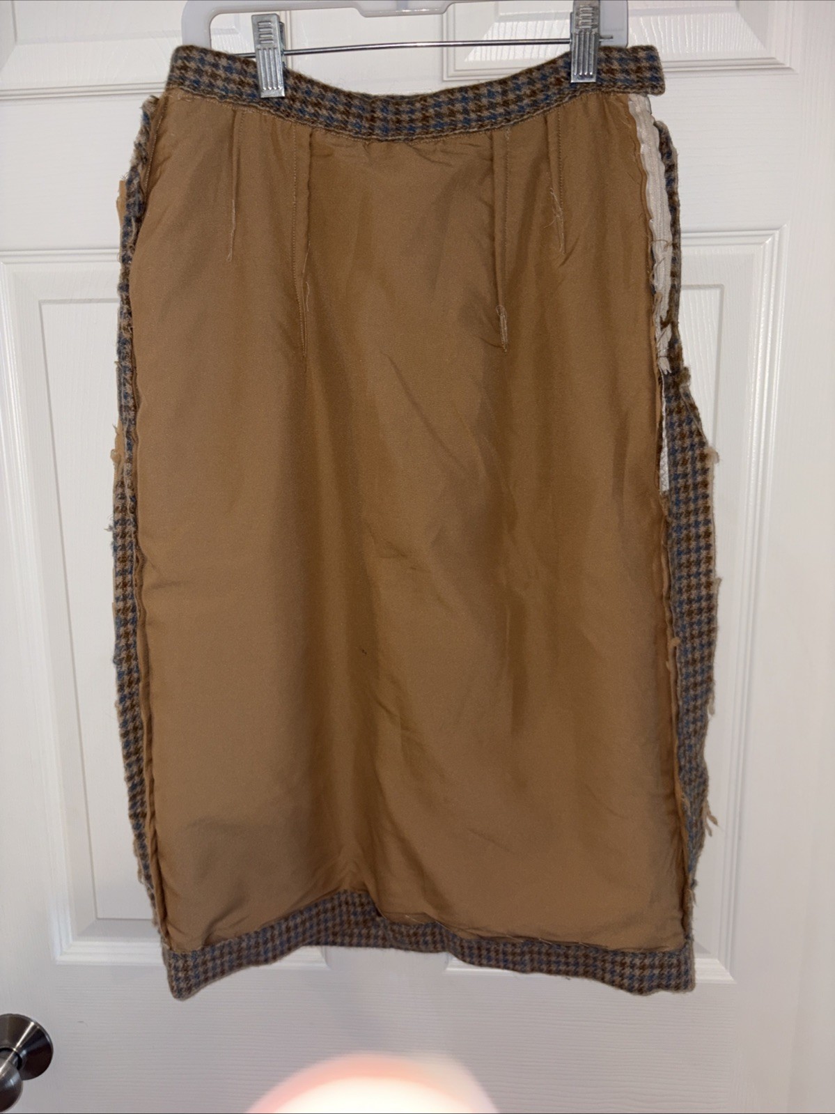 Vintage Handmade Wool Blend Tweed Skirt Blue Tan Houndstooth Lined 26 Waist