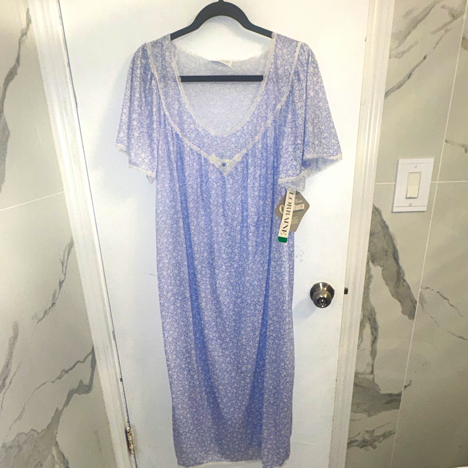 Lorraine Vintage Blue Floral Lace Trim Nightgown Size L 091590