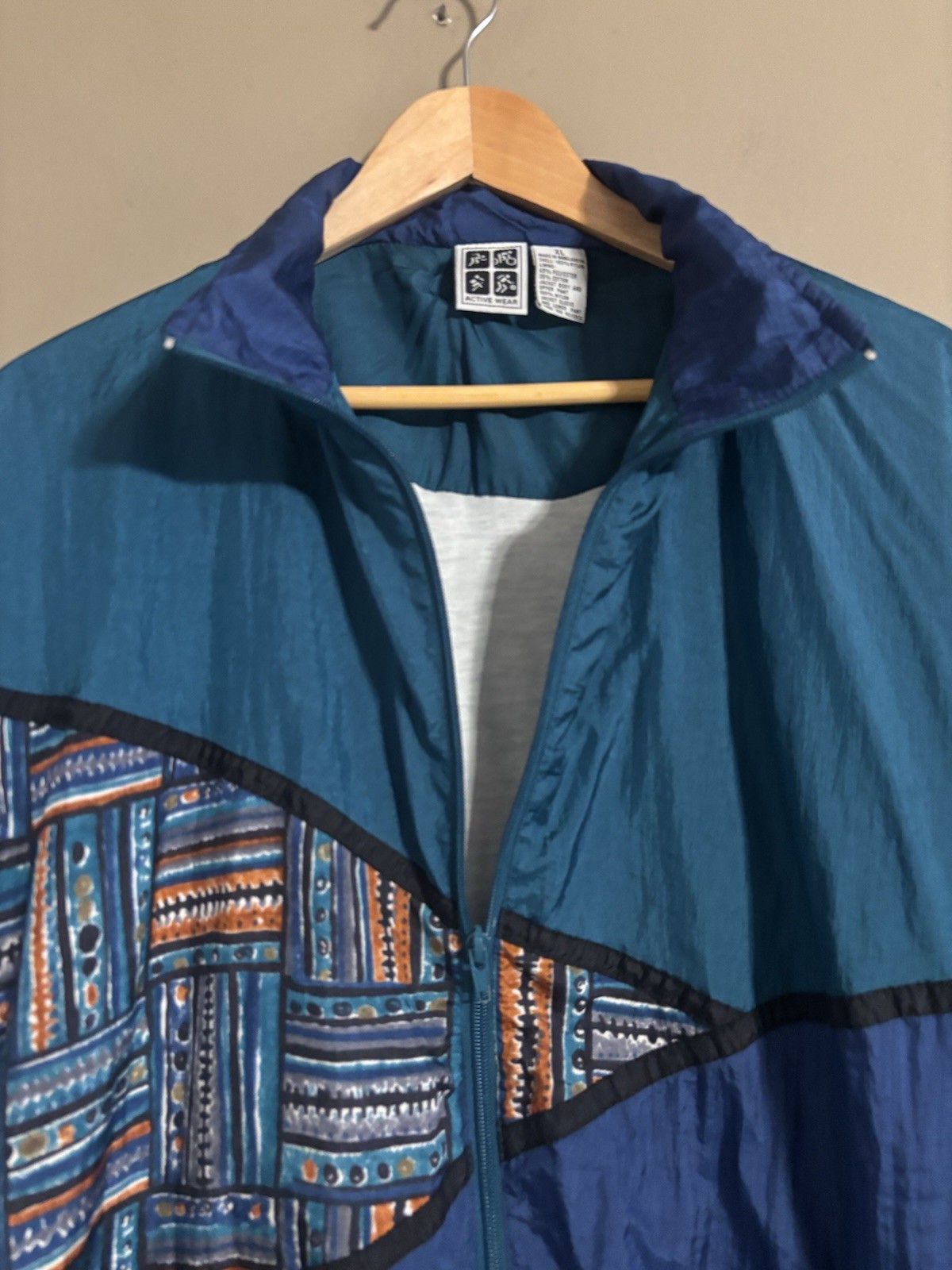 Hello 80’s Teal & Indigo Retro Pattern Windbreaker Active Wear Size Unisex XL