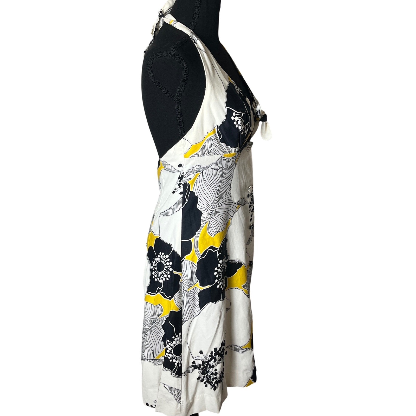 Vintage Sun Fashions Hawaii Floral Dress 12 Halter Button up Blk, yellow white