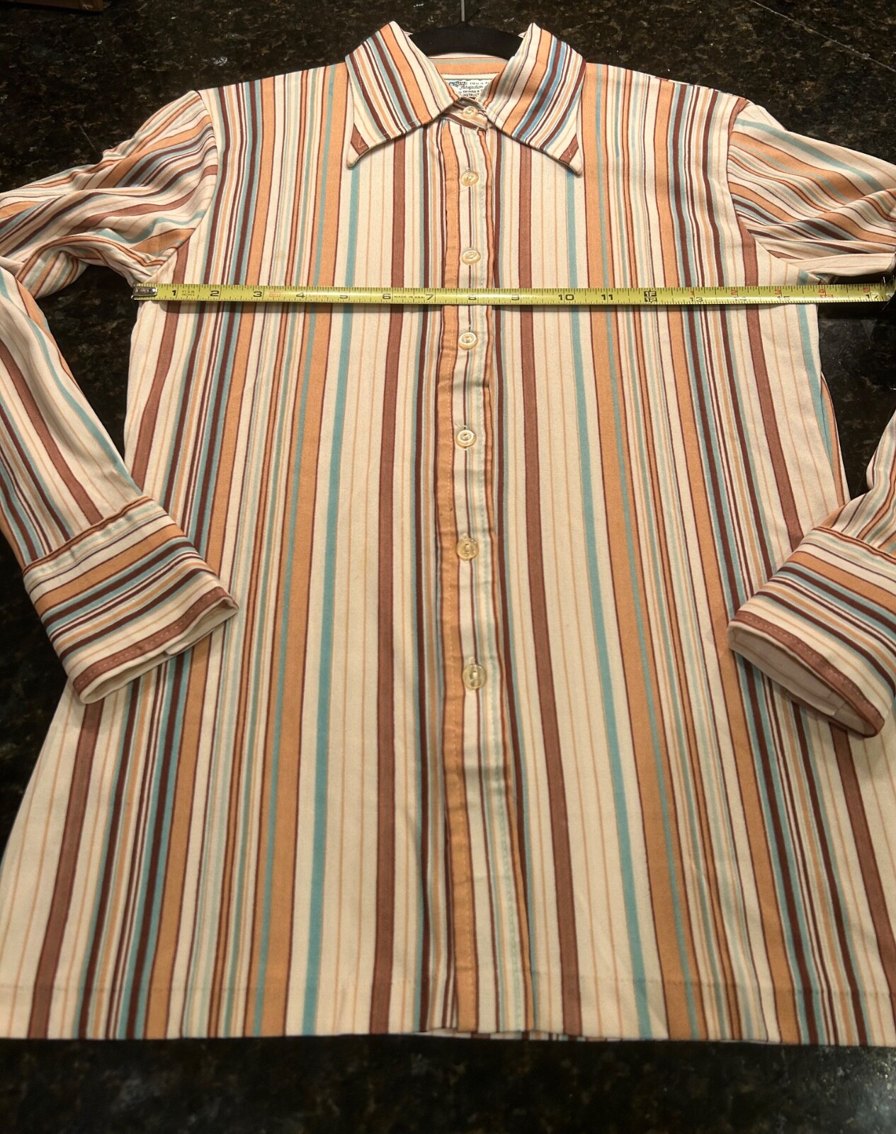 1970s woman’s brown, teal, cream stripe long sleeve, excellent condition