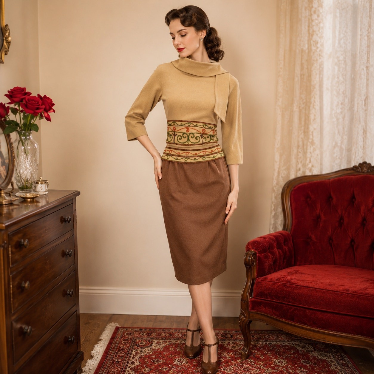 40s Vintage Carlye Wool Dress, Soutache Peplum Dress, Wiggle Dress, ILGWU – XS