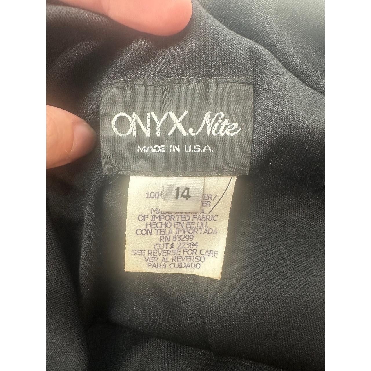 Onyx Nite Black Beaded V Neck Spaghetti Strap Vintage 90s Dress Size 14