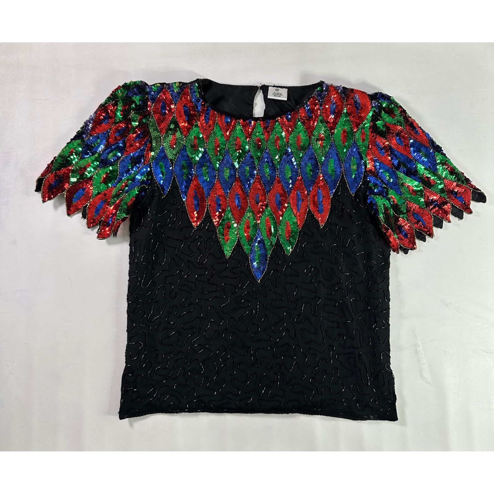 Vintage Pure Silk Beaded Sequin Peacock Feather Top Black Multicolor Womens M