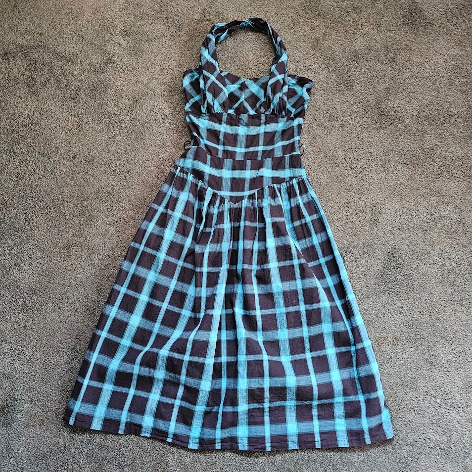 Vtg 1950s Shelf Bust Halter Windowpane Plaid Rockabilly Sundress Day Dress XS/S