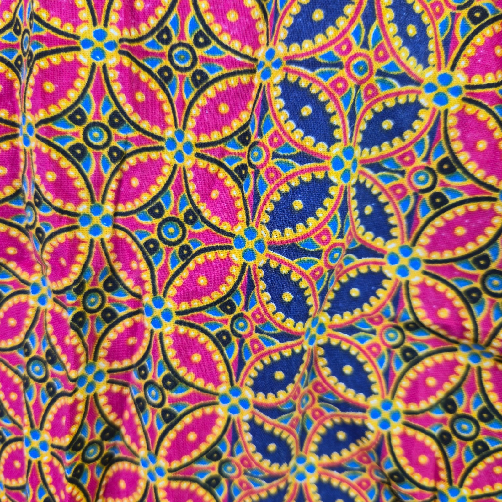 Handmade Vintage Batik Print Top Tunic M Pink Blue V-Neck Short Sleeve 2134