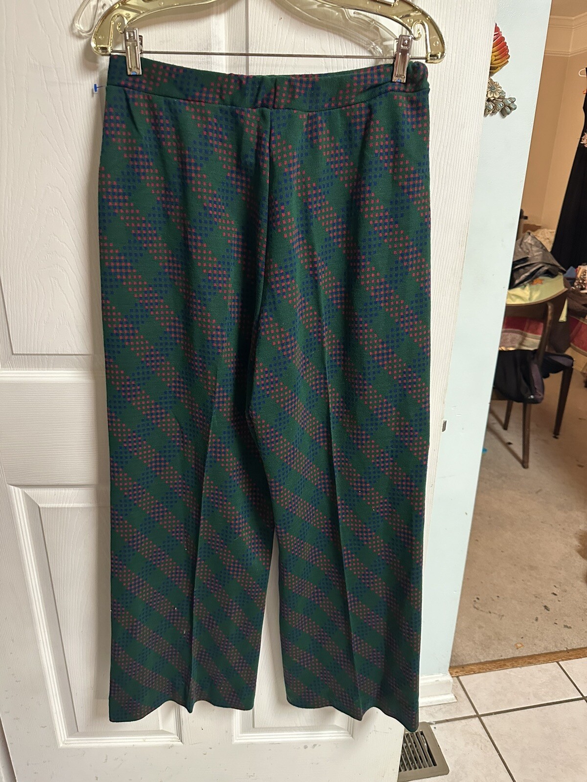 Vtg 70’s Pants 30×27 Wide Leg Flare Mod Disco Green Red Polyester Stretch Xmas