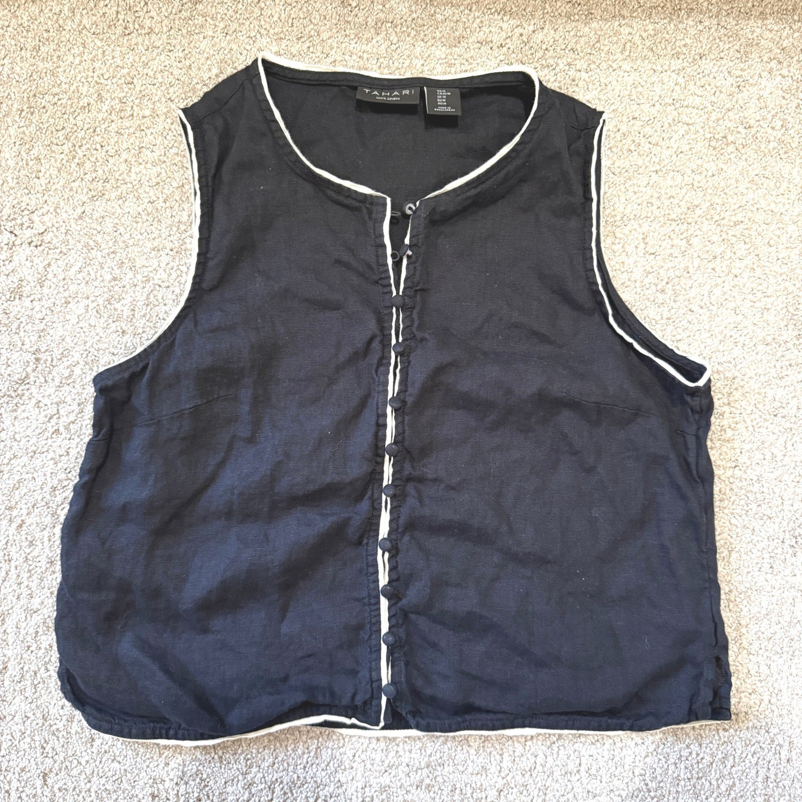 Tahari Black 100% Linen Button Front Vest Top Medium Minimal Elegant Old Money