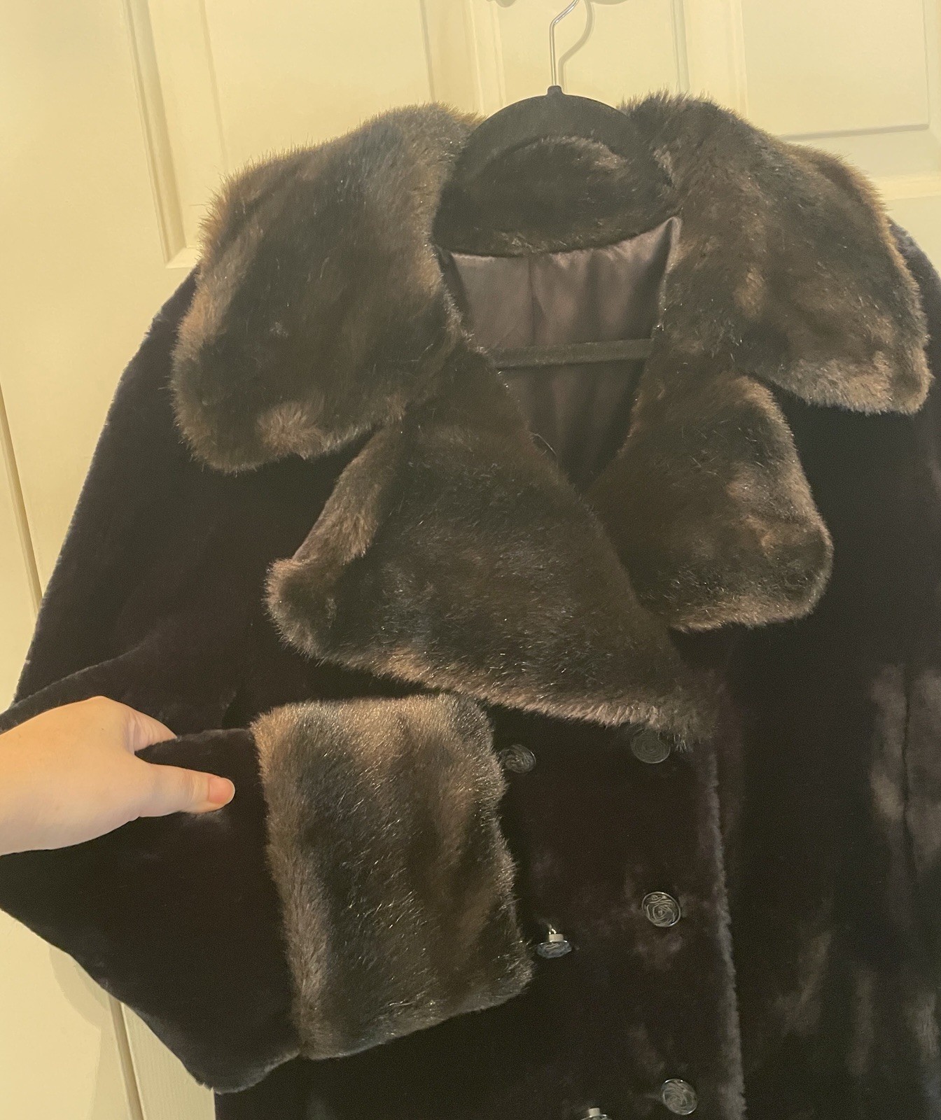Vtg 60s Borgana Sportowne Black Faux Fur Coat ILGWU Union Double Breasted M/L