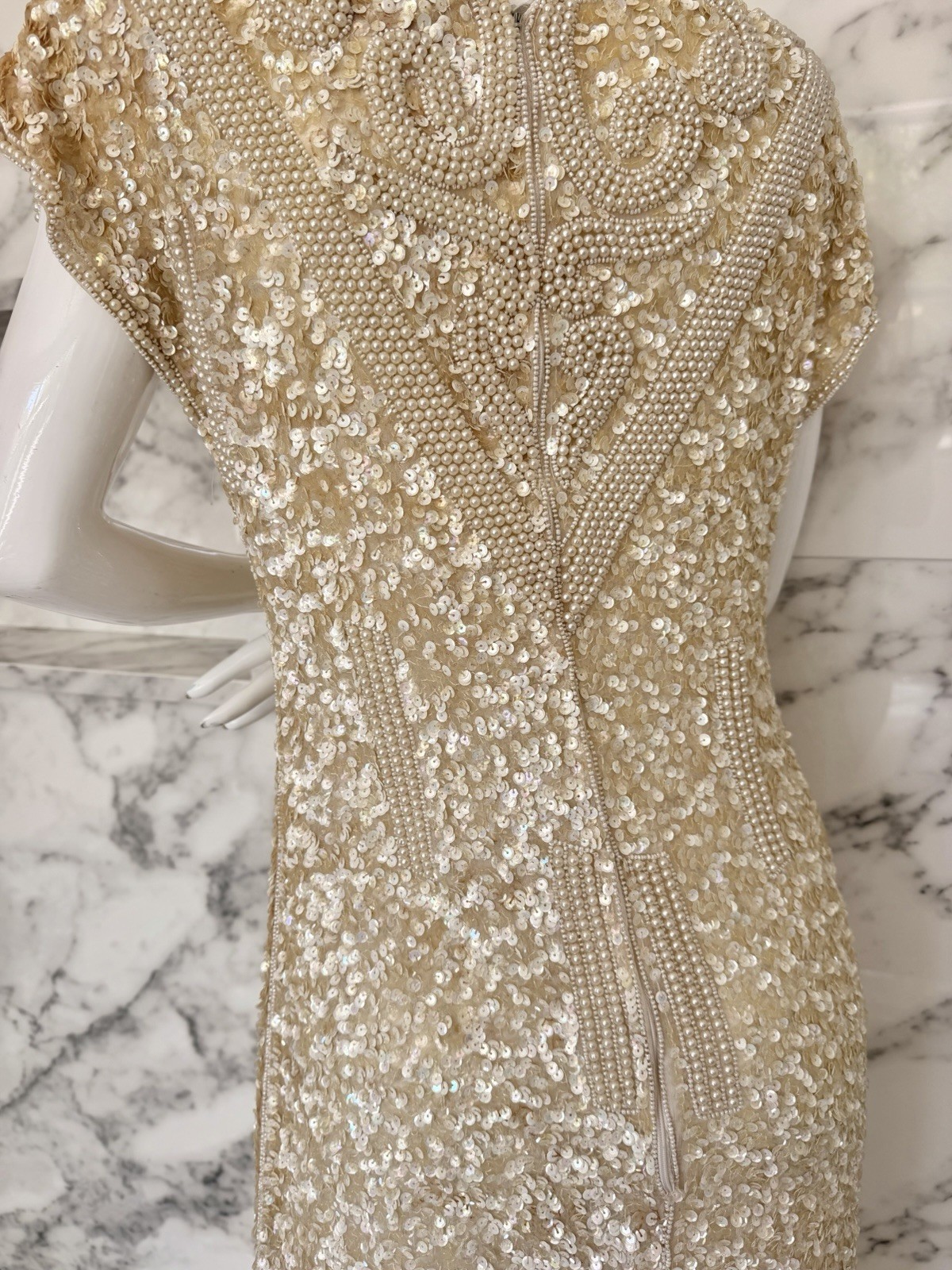 Vintage Laurence Kazar Paris II Nude Gold Sequin Pearl Beaded Cocktail Dress M