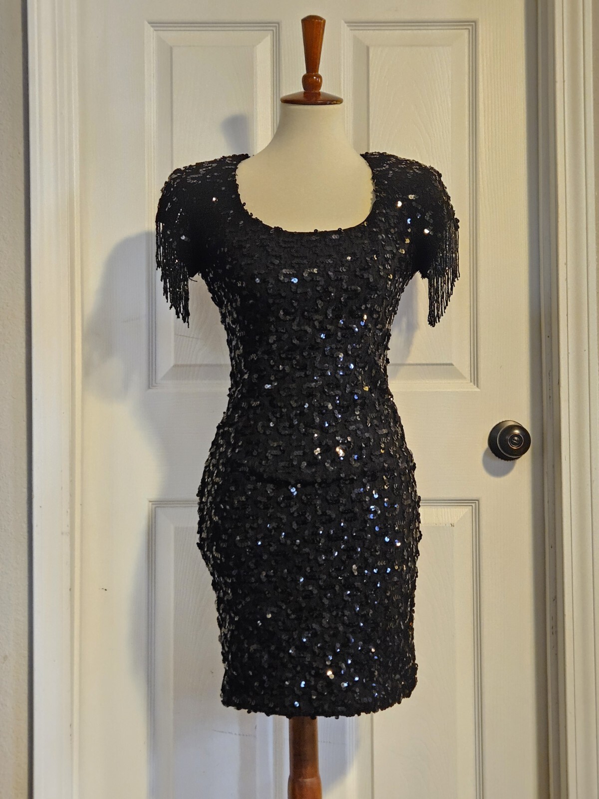 De Laru Vintage 80s Black Sequin Bead Fringe Party Prom Cocktail Dress Size 3/4