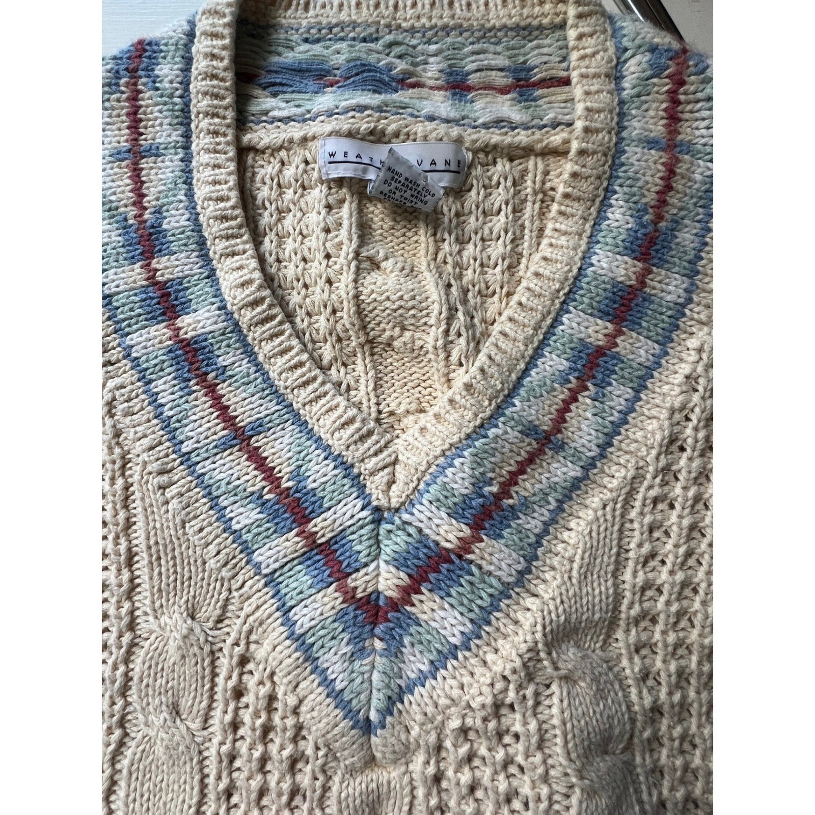 Weathervane Sweater vtg Cable Knit V-Neck Cream argyle neck SM preppy tennis