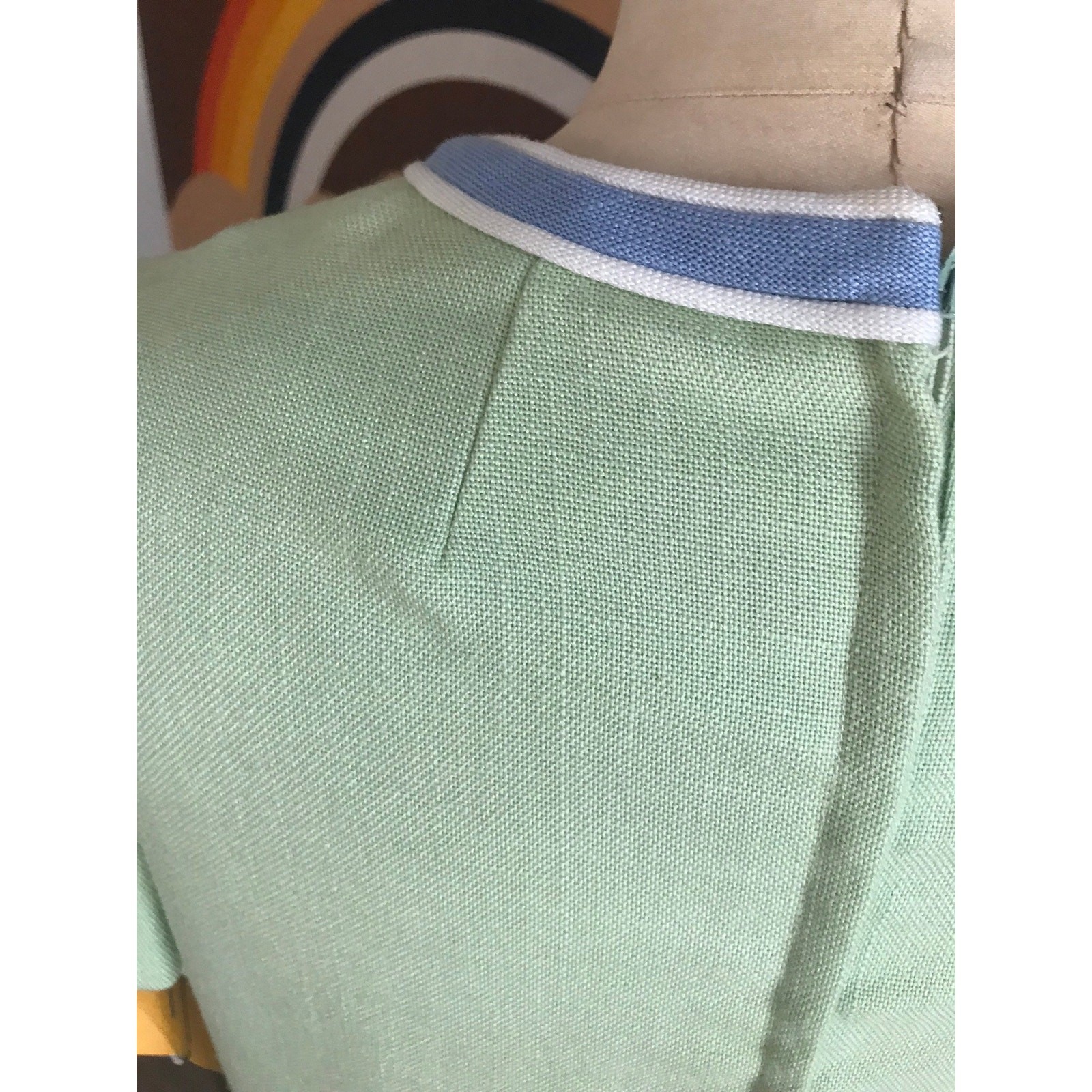Vintage 1960s Parues Feinstein Shift Dress Celery Green Blue Applique Mod Mini