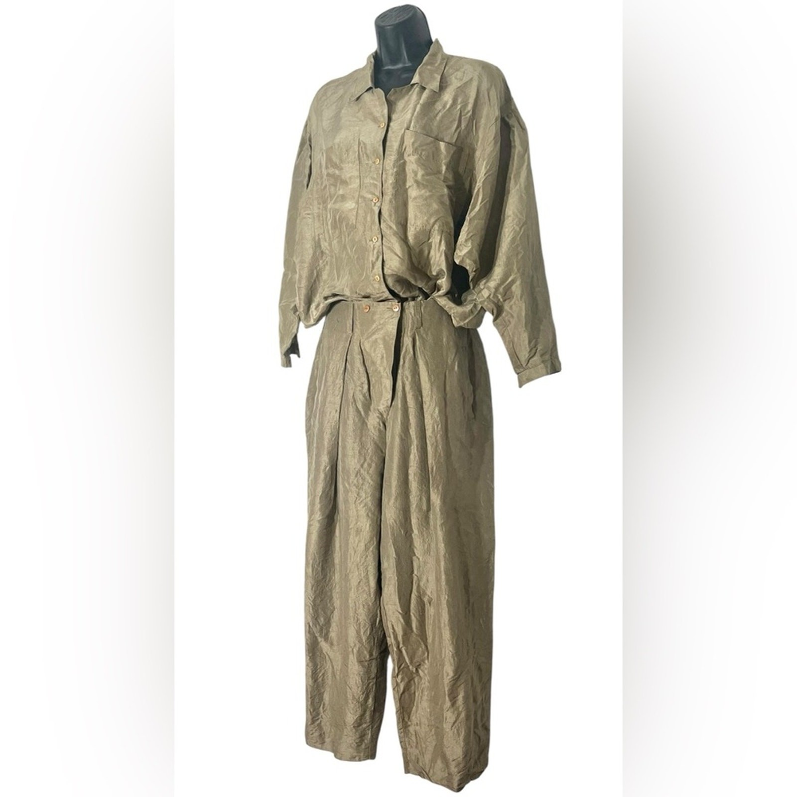 Vintage 80s Silk Set Padded Shoulder Power Suit Camel Tan Utility Pants M