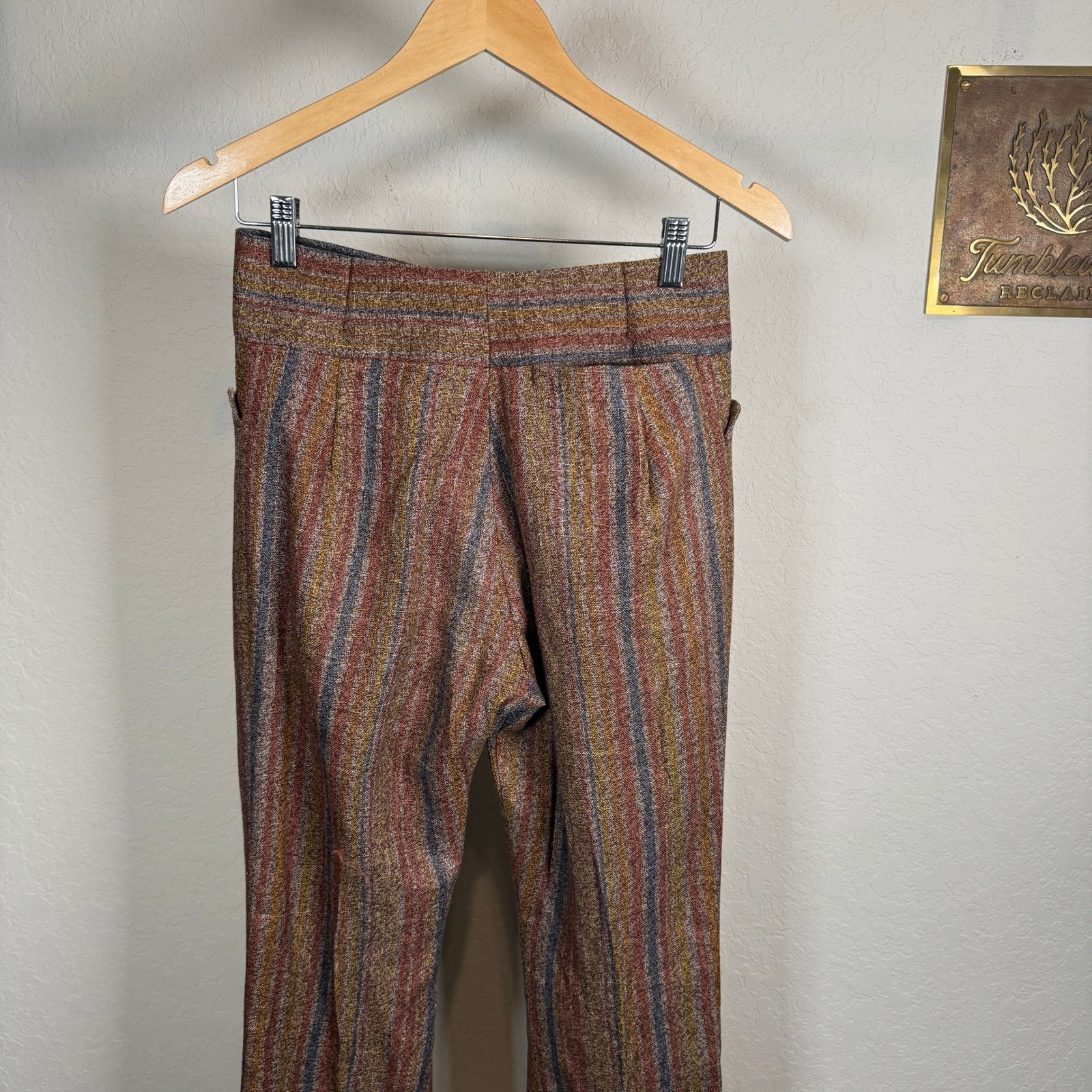 Vintage 70s Style High Waisted Striped Flare Pants Rust Gold Blue Trousers