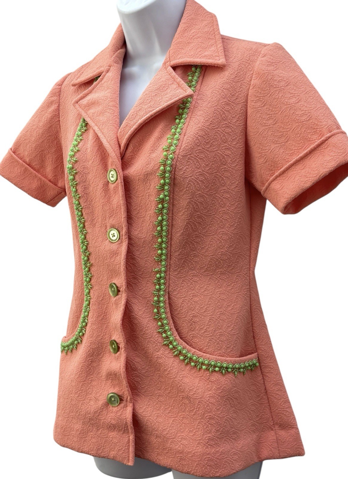 Vintage 70s Coral Beaded Jacket, Mrs Roper Style Polyester Knit Top S/M