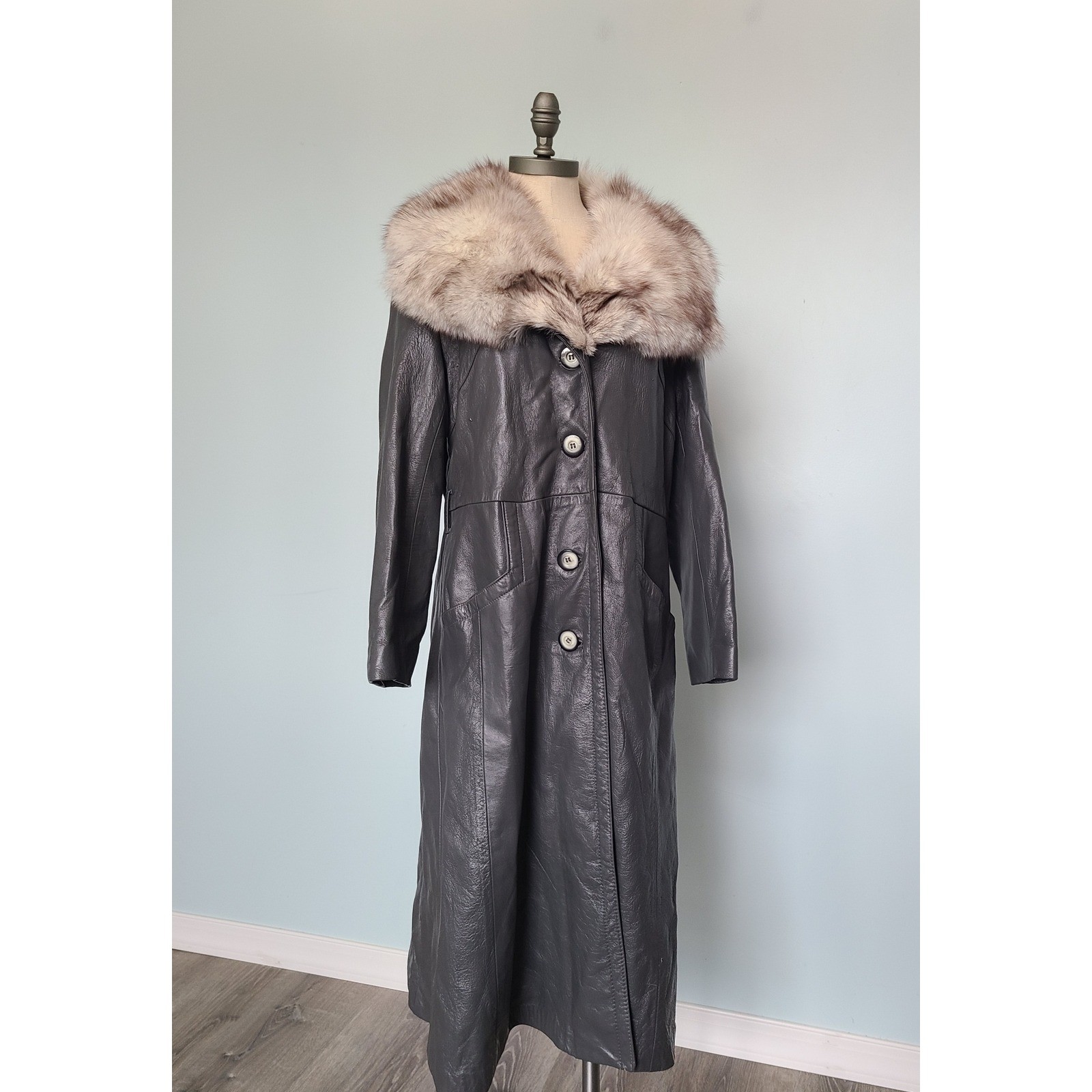 VTG 24K Leather Dan Di Modes Trench Coat Gray Rabbit Fur Collar 1970s Luxury