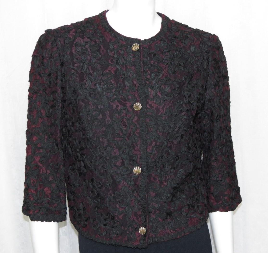 Geffen Rare1950’s-1960’s Exquisite black ribbon work over wine lace jacket M