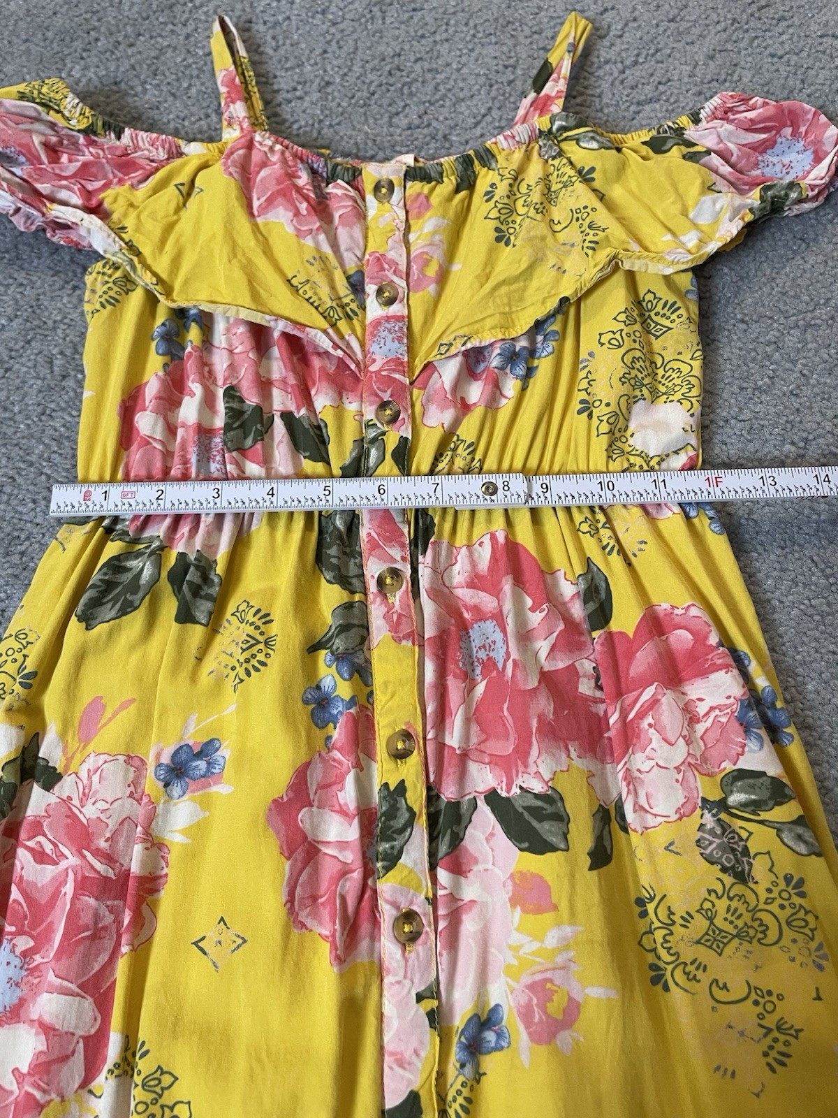 Vtg 90s JUSTICE Floral Midi Dress Juniors 10 Off The Shoulder Yellow Pink Boho