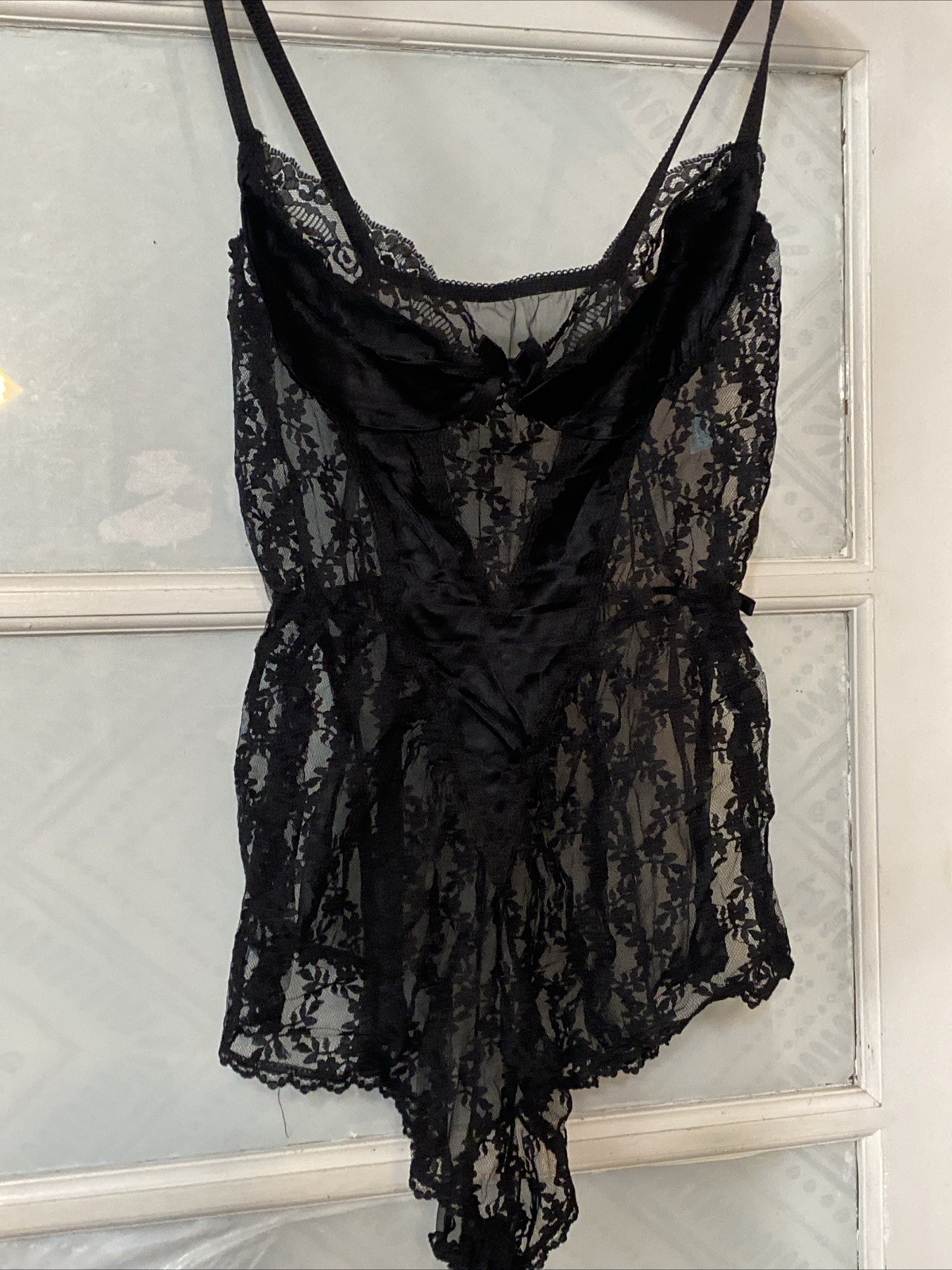 VTG NAN FLOWER Black Nylon Chiffon & Lace Teddy Romper Lingerie M High Cut