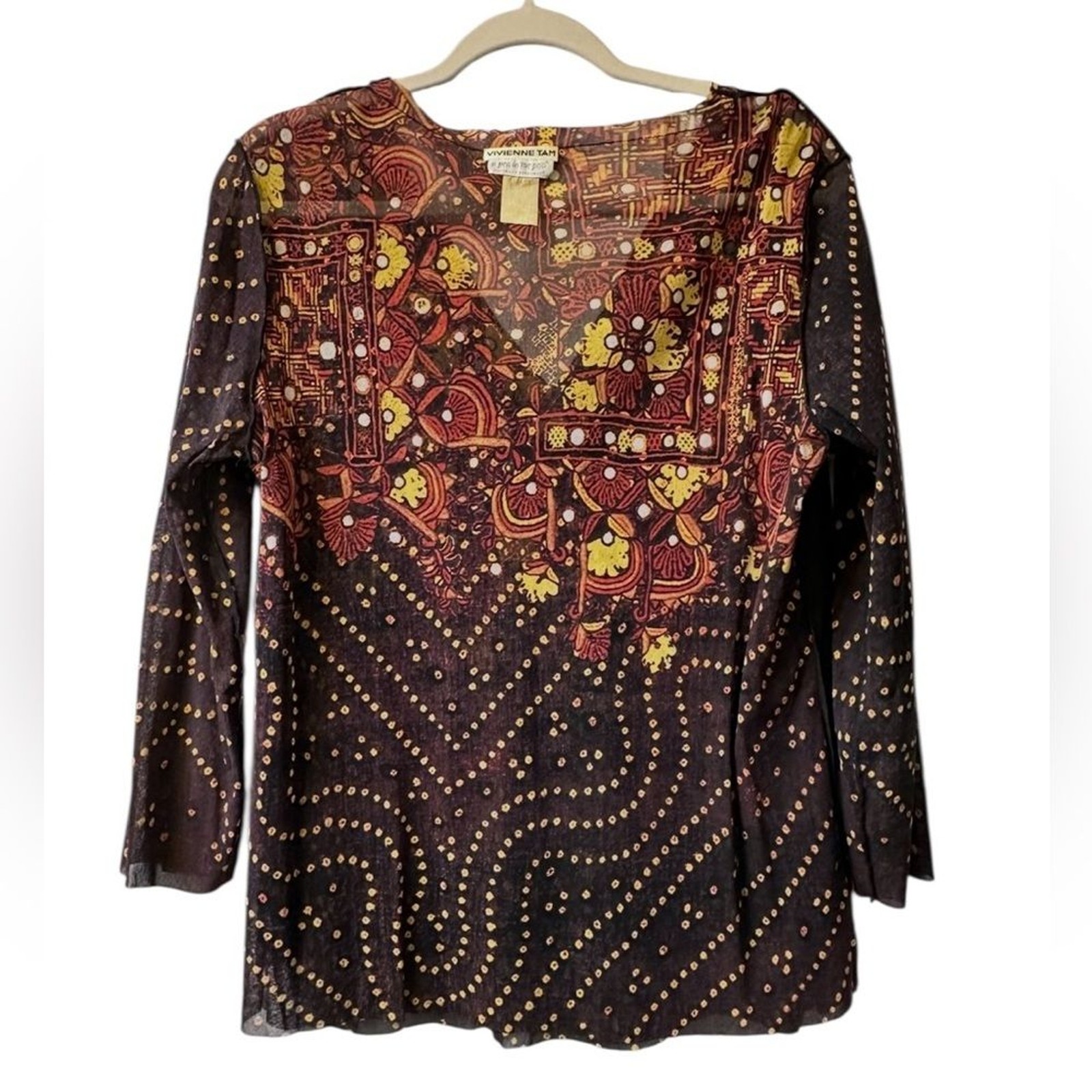 Vivienne Tam Vintage 1990s Black Yellow Floral Boho Print Stretch Mesh Top L XL