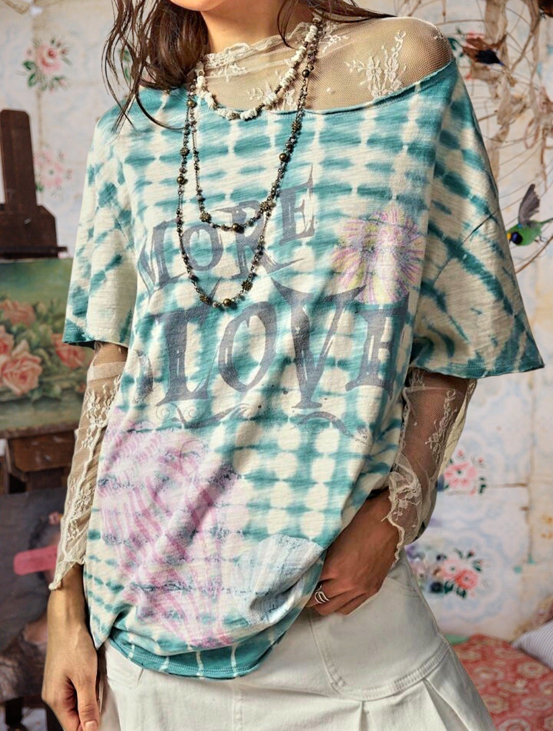 Magnolia Style Light Beige Vintage Distressed hippie boho Tunic shirt top S