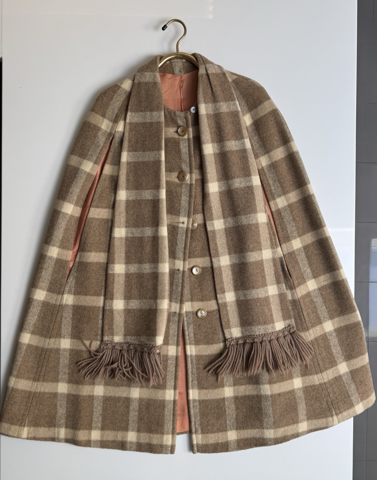 Vintage 60s Front Button Wool Coat – Plaid, Wool, Built In Fringed Scarf, Coral