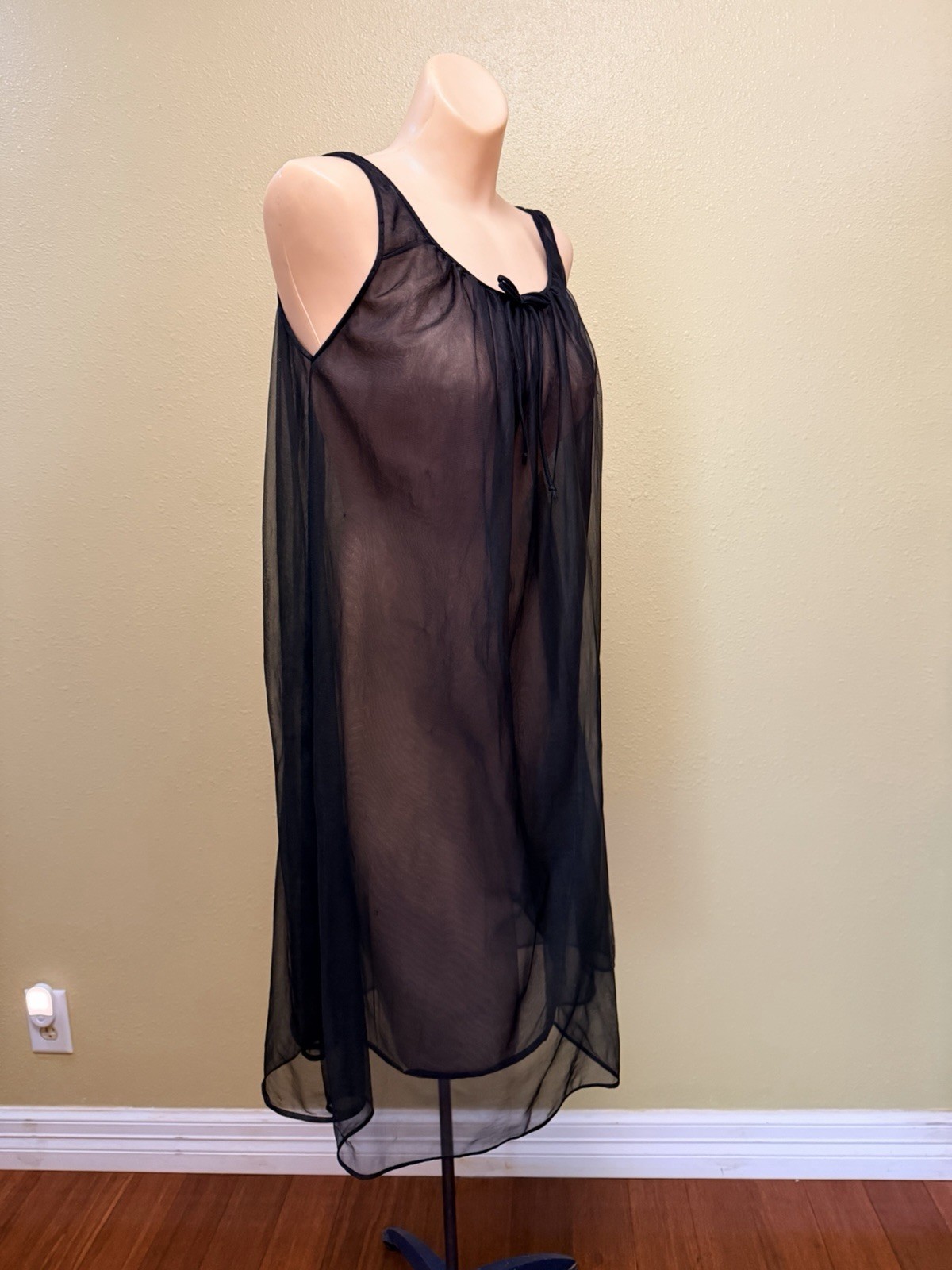Vintage Lisette Nylon Sheer Chiffon See Thru Lingerie Black Nightie Nightgown S