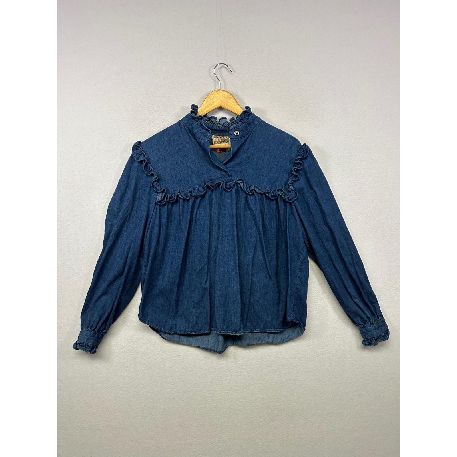 Cottagecore Western BIS Beverly Hills Womens 44 Blue Ruffle Denim Blouse Top