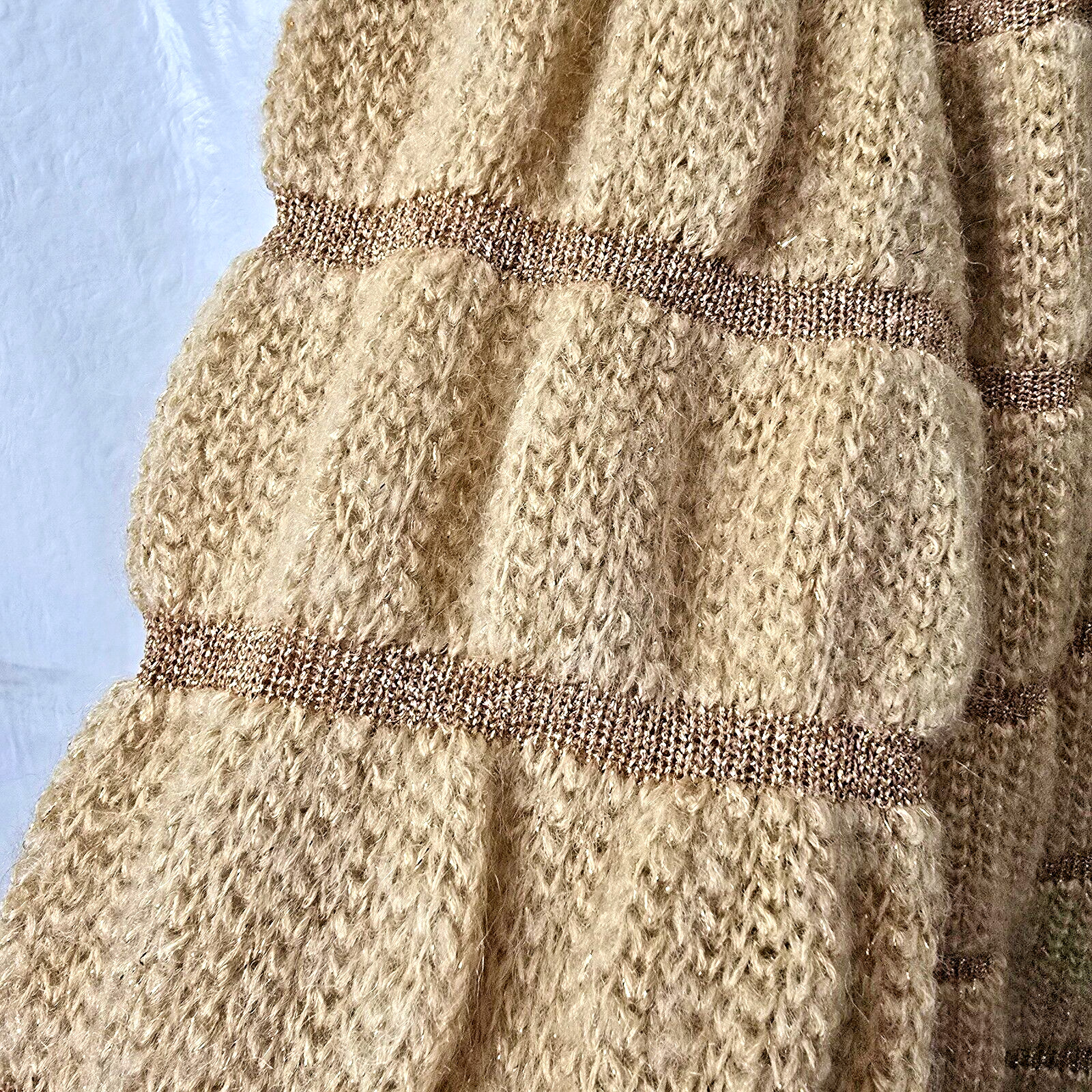 Vintage Wool Blend Knit Sweater S Ribbed Puff Sleeve Gold Sparkle 70s Grandma