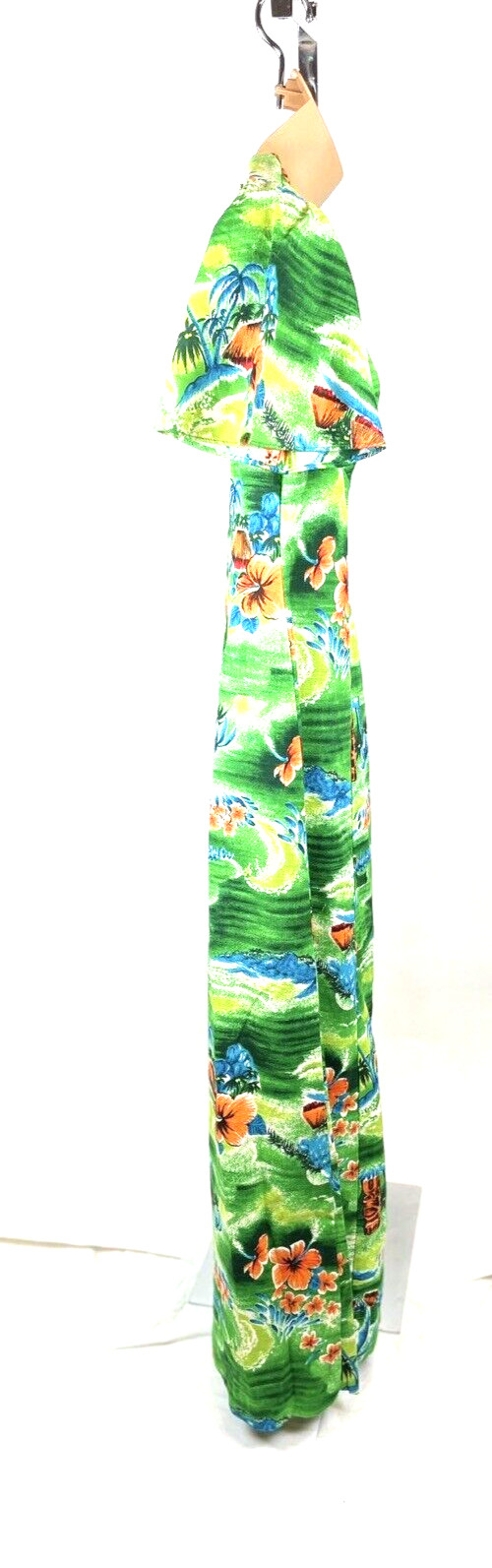 Vintage Hawaiian Dress Size 12 Large Tropical Green Floral Maxi Barkcloth