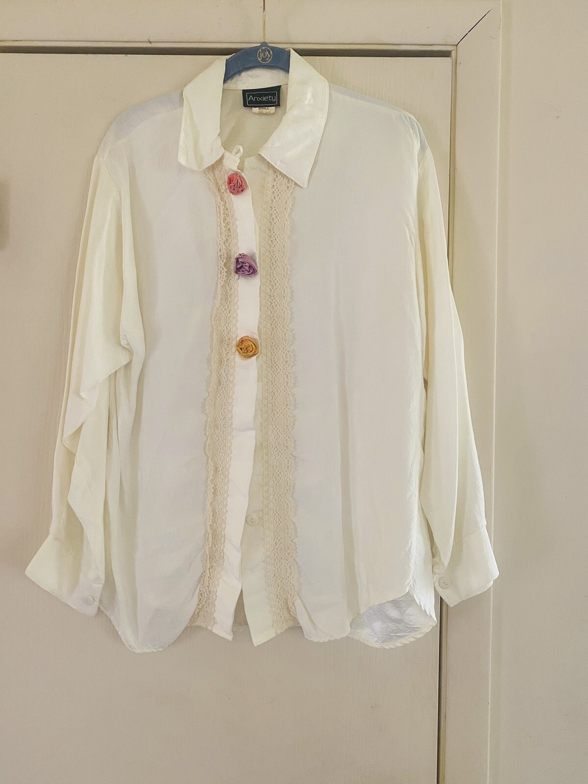 VTG Cottagecore Grunge 90s Forest Fairy Silky Whimsygoth Rose Crochet Blouse S
