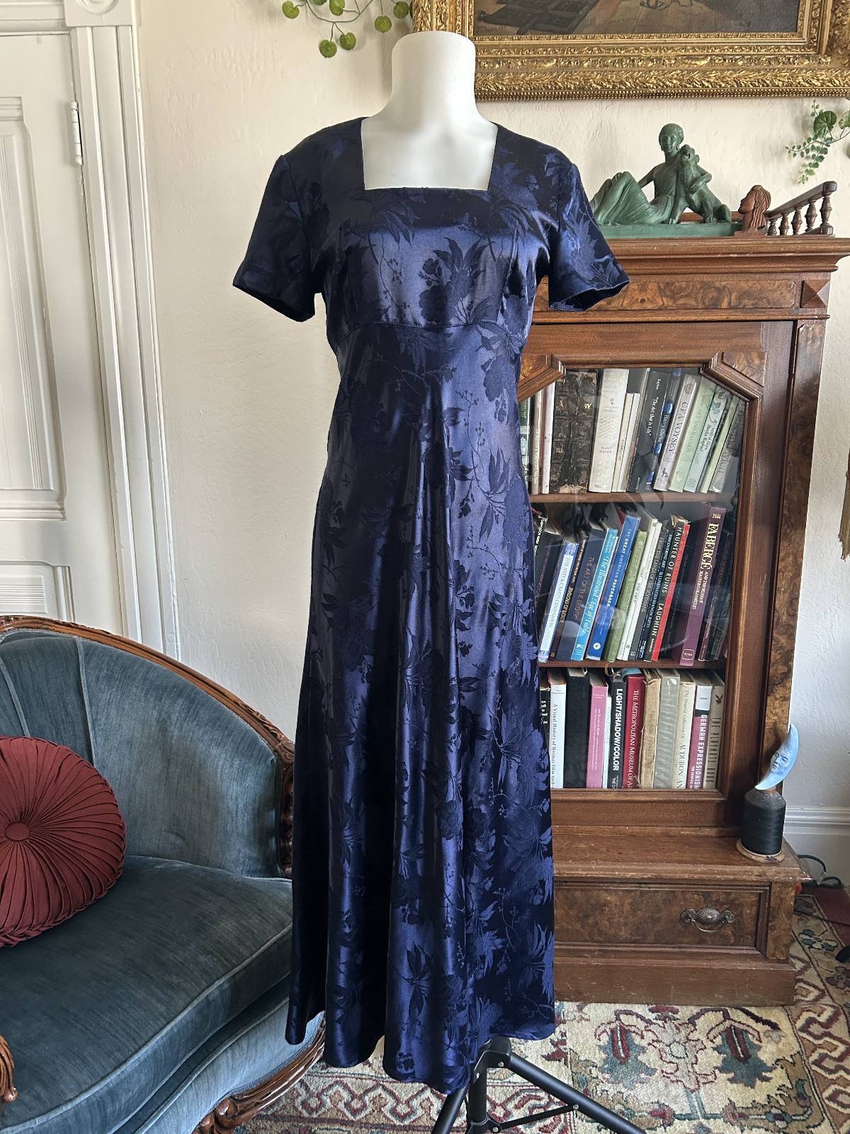 Vintage 1990s Deep Blue Satin Floral Maxi Dress Square Neck Bias Cut S 5/6 Y2K