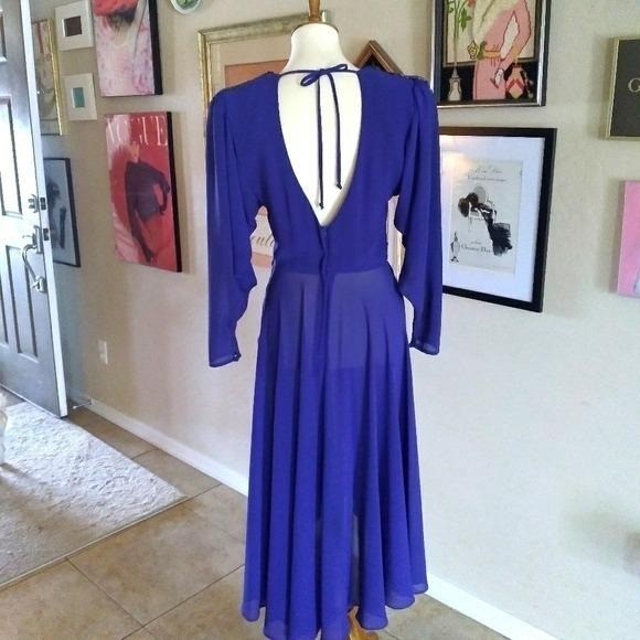 Vintage 1982 Casadei Eletra Royal Blue Beaded Shoulder Open Back Midi Dress