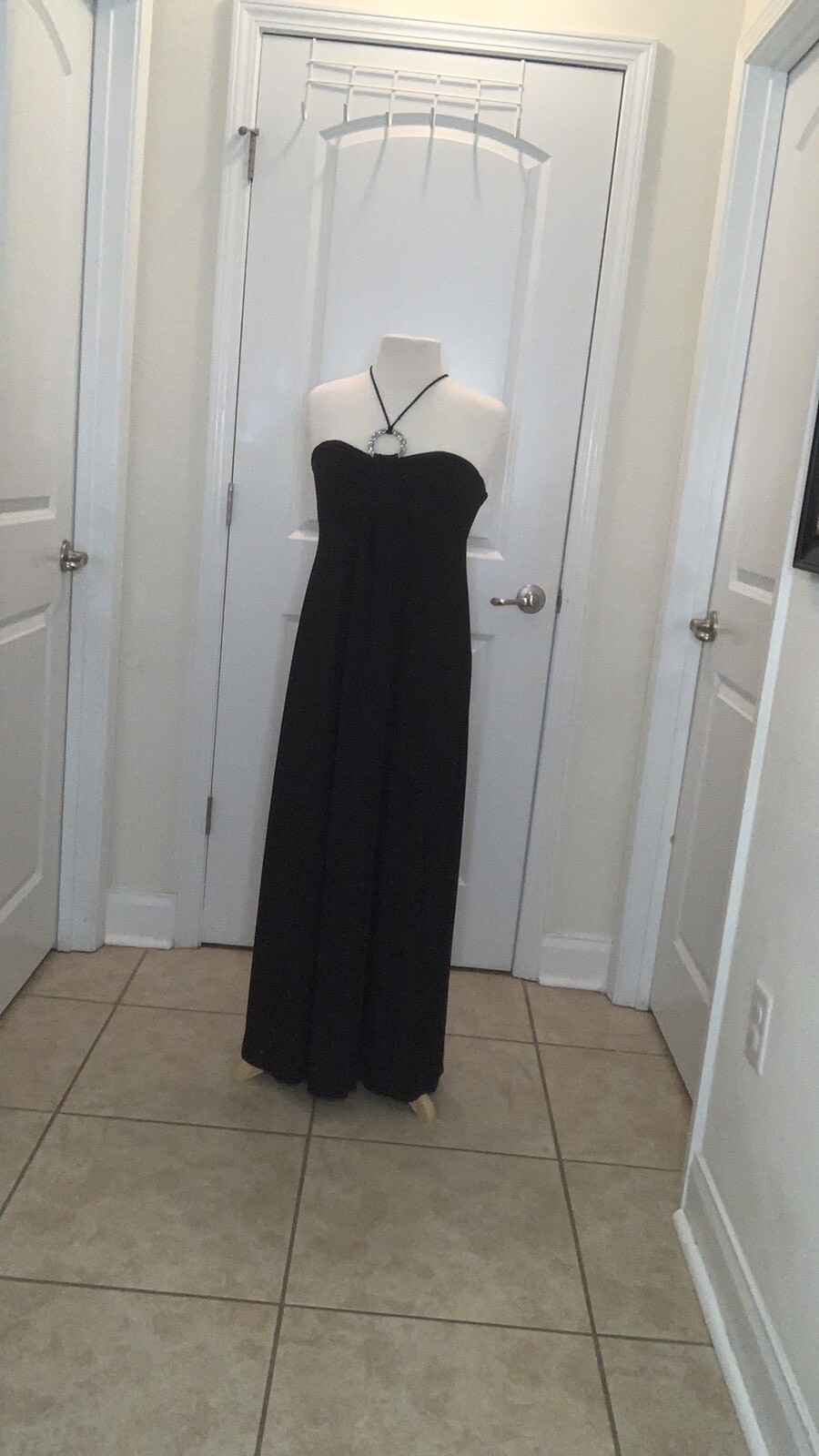 R & M Richards Vintage ladies black gown size 8. Rhinestone on tassel and broach