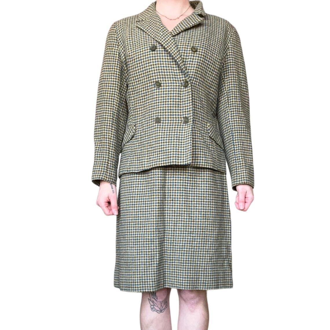 Vintage ’70s Century of Boston Houndstooth Tweed Wool Skirt Suit 30″ Waist