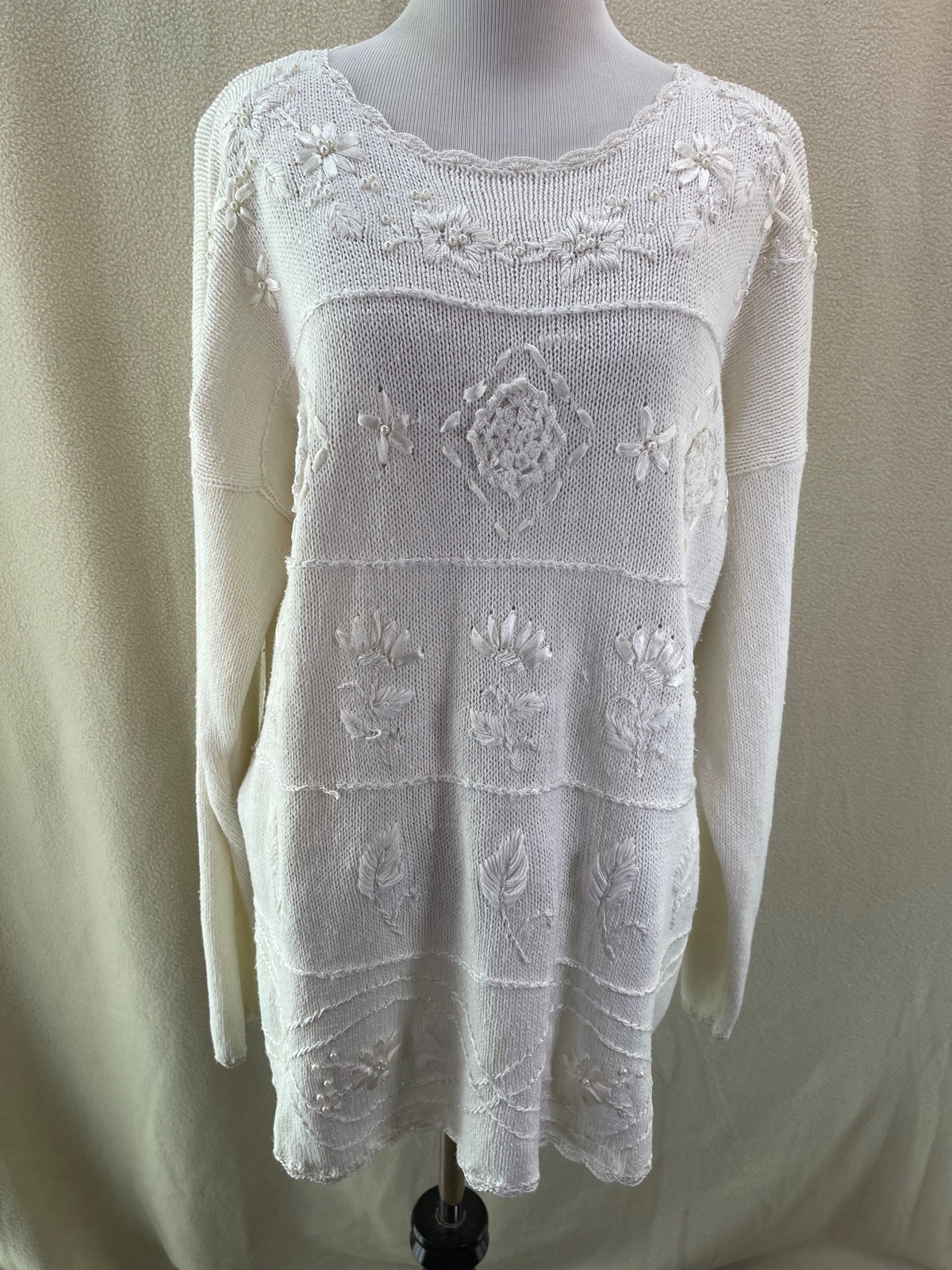 Bonnie and Bill Vintage Cream Scallop Edge Lace, Ribbon & Pearl Knit Sweater, 2X