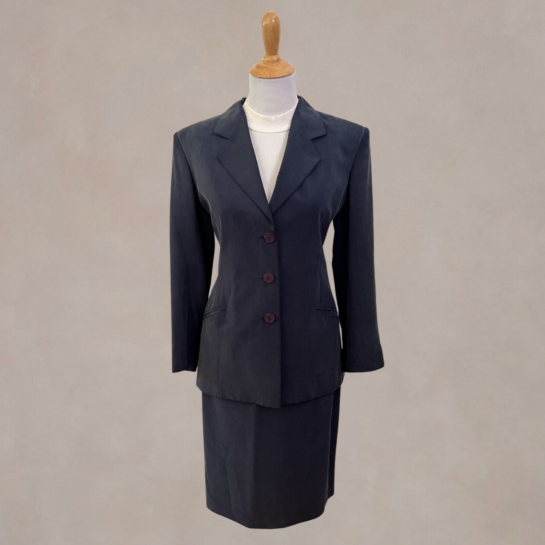 Vintage 90s Jean Claude Paris Silk Skirt Blazer Suit 6 Blue Made in France