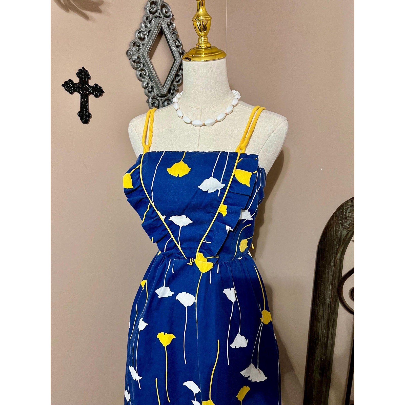 Vintage 70s Blue & Yellow Floral Tank Sundress Retro Mod Size Small