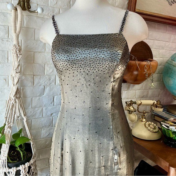Vintage 1990s Y2K Cache Olive Satin and Chiffon Asymmetrical Hem Beaded Gown