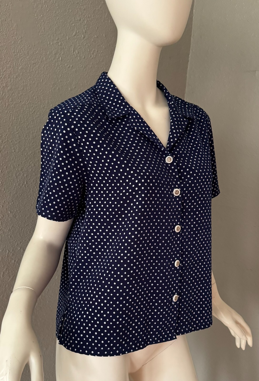 Vintage 80s Navy Blue Polka Dot Nautical Boxy Button Top Blouse M