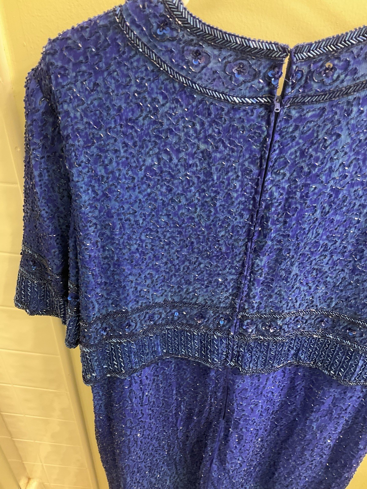 Vintage Laurence Kazar 100% silk cobalt blue heavy beaded cocktail dress size 1X