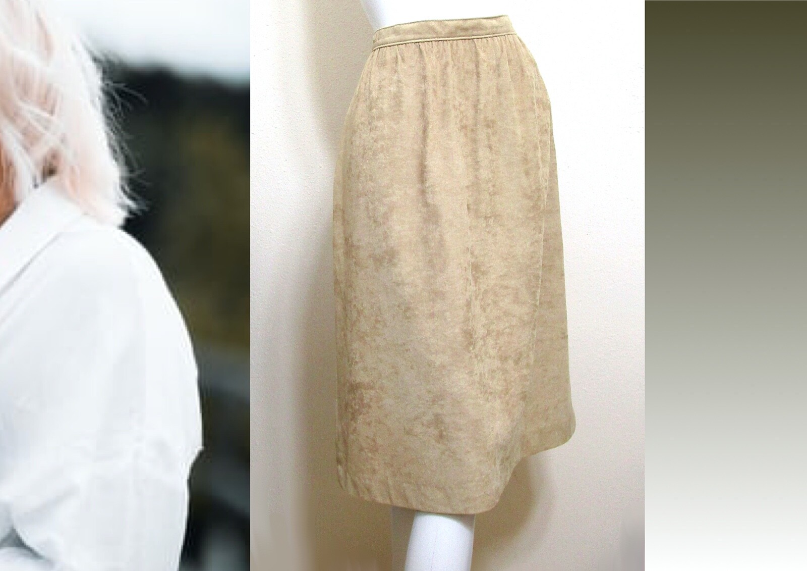 Vintage Mid Century 70s Faux Suede Knee Length Skirt Mono Khaki Farah S 25 26