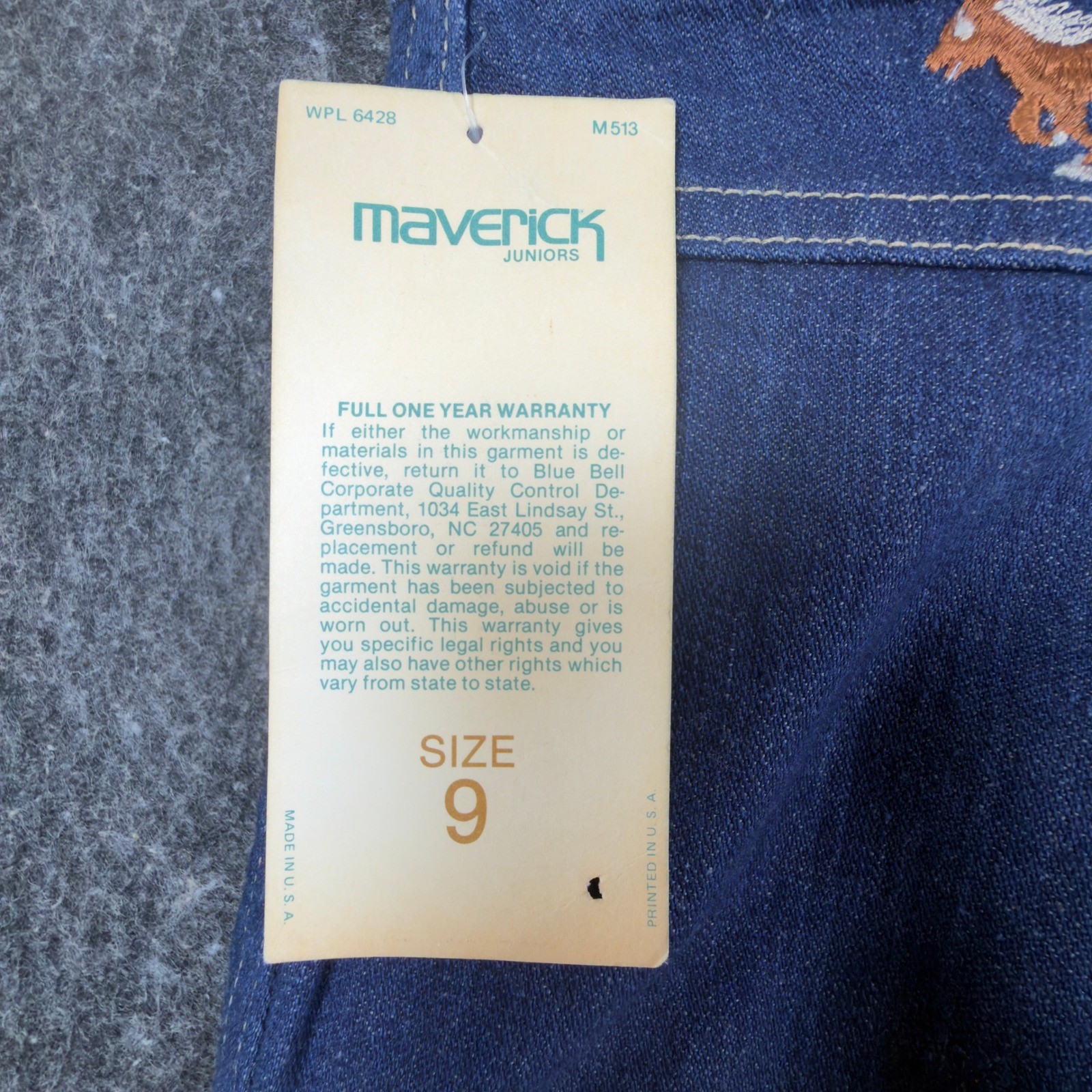 Maverick Vintage 70s Flare Jeans Juniors 9 Blue Cotton NWT Deadstock Made in USA