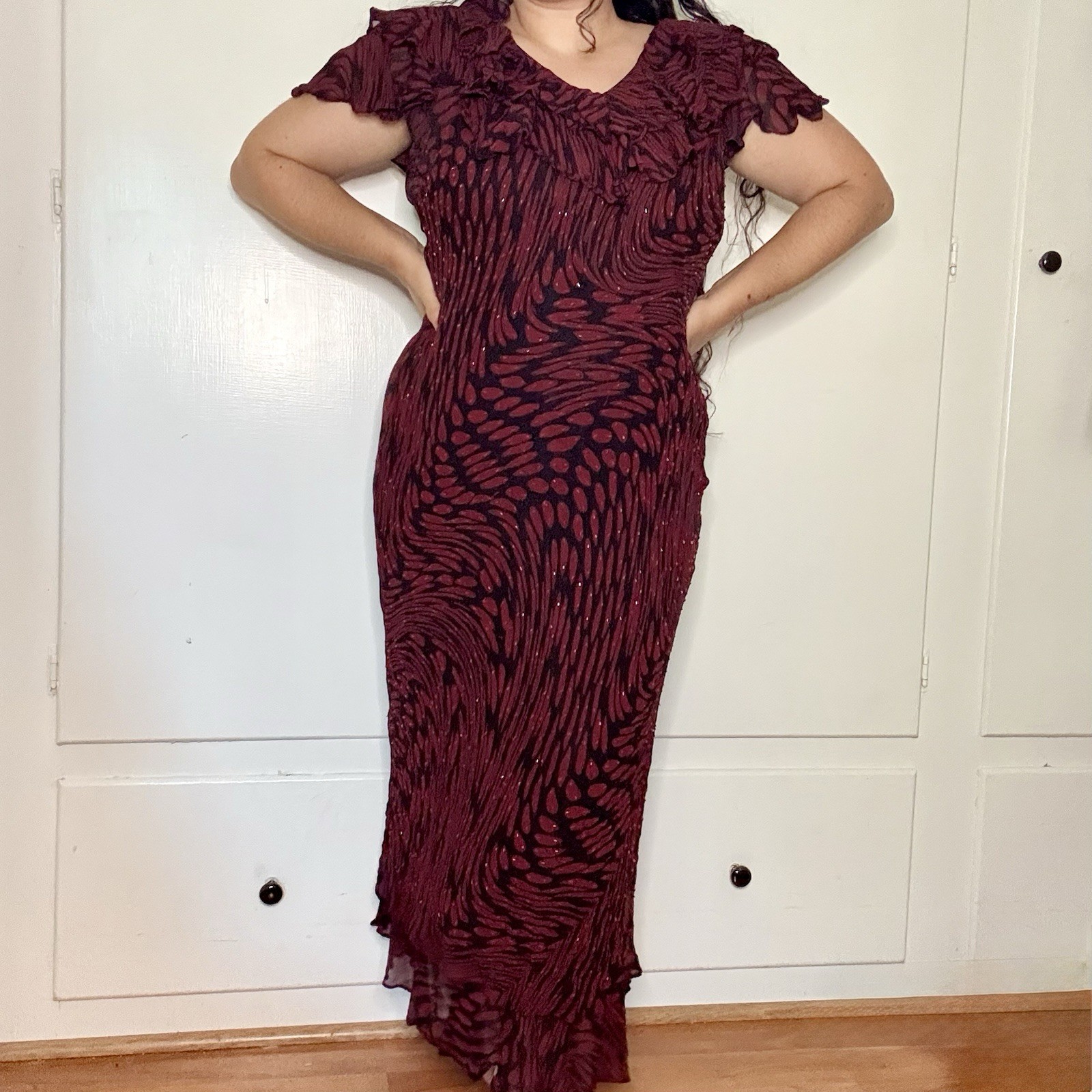 Vintage 90s Eva Blue Black Red Beaded Ruffle Sleeve Abstract Bias Cut Dress