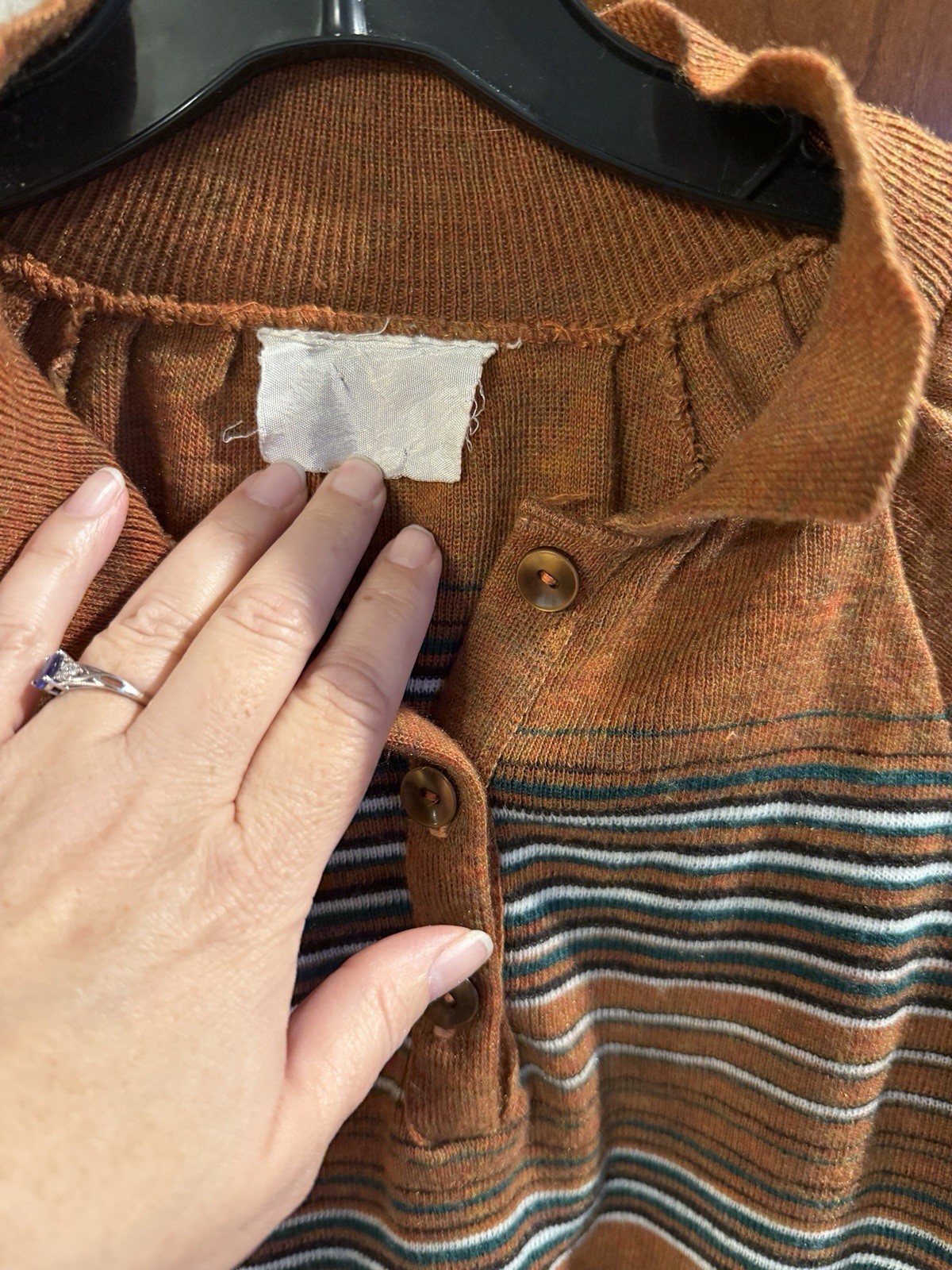 Vintage 70s Mock-neck Collar Button Brown & Stripe Knit Sweater Pullover Top S/M