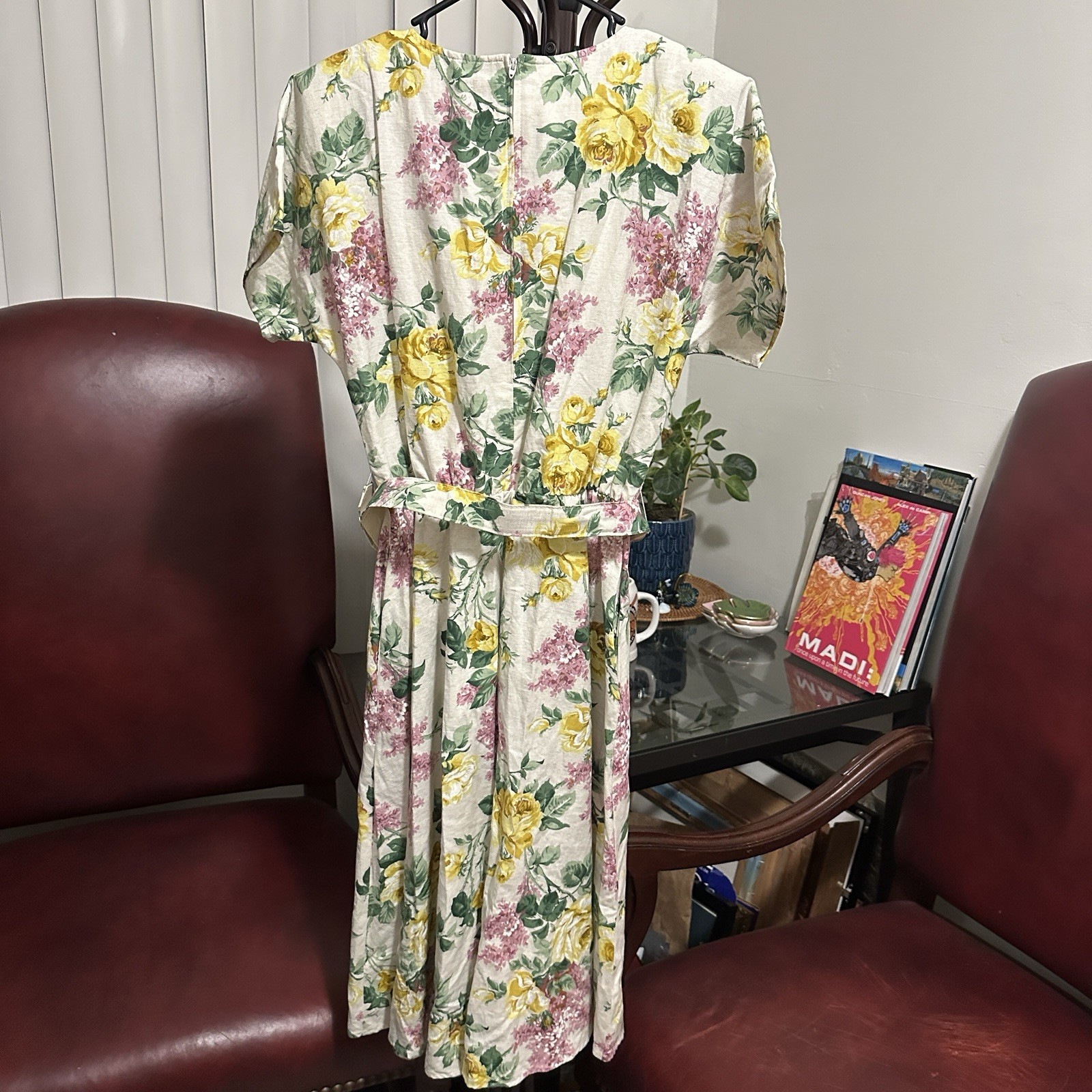 Vtg 80s California Looks Floral Midi Dress Cotton Linen Belted Made in USA 12P