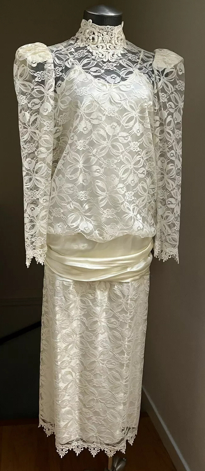 Vtg Lace Dress Victorian Style Drop Waist Midi High Collar Sequin SMALL