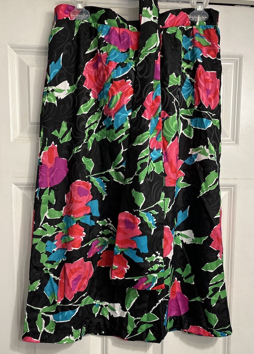 Vtg 80s Anthony Sicari Small Bright Abstact Floral Satin Midi Skirt Belt Sash